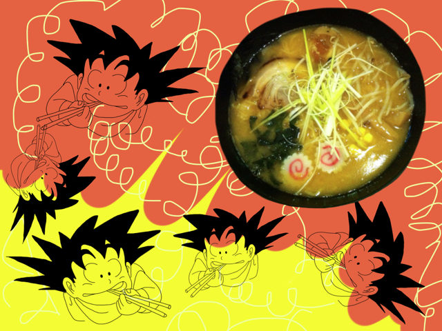Son Goku obsesionado con el ramen de Ramen Kuma. Collage: Eva M. Rosúa.
